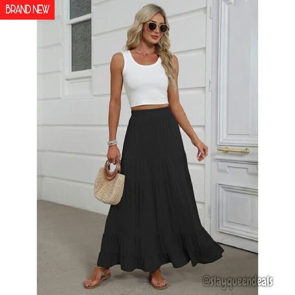 Maxi Skirt Elastic High Waist Tiered A-Line Flowy Boho Long - Picture 7 of 8